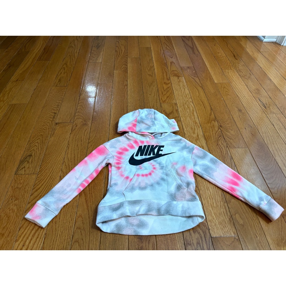 Nike Kids Girls Tie Dye Pullover Hoodie Pink Grey White Size 4 XS Futura Logo